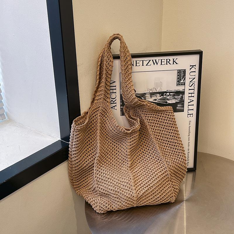 New summer vacation style solid color shoulder bag woven tote bag large capacity portable underarm bag beach bag