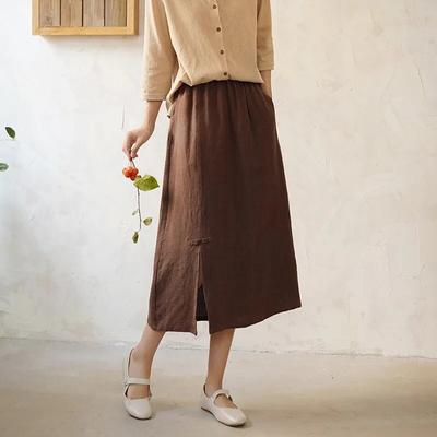Women Vintage A-Line Skirts Elastic Waist Spring Solid Color Button Chinese Style Women Skirts