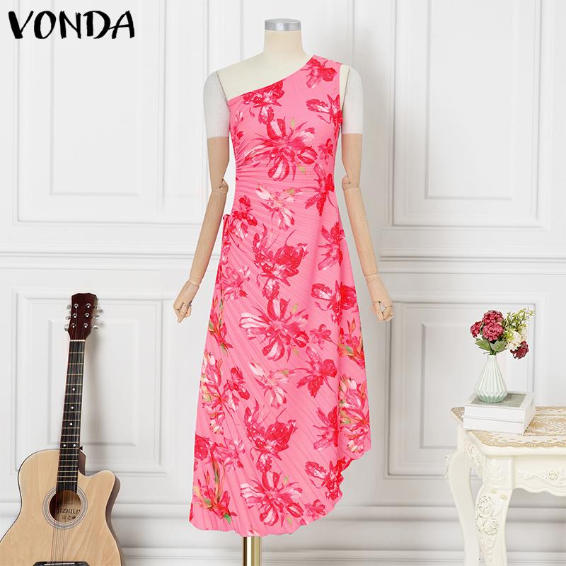 

VONDA Women One Shoulder Sleeveless Twisted Waist Floral Print Irregular Holiday Dress 5XL розовый