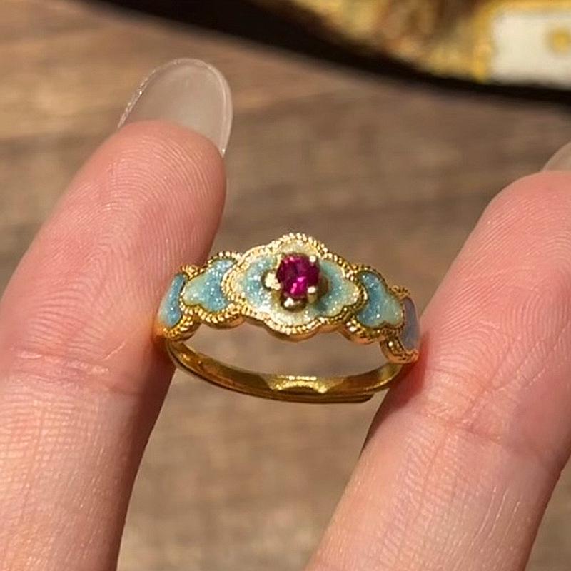 Xiaohongshu Artistic Retro Blue Flower Zircon Ring – New Chinese Court Style Adjustable Opening
