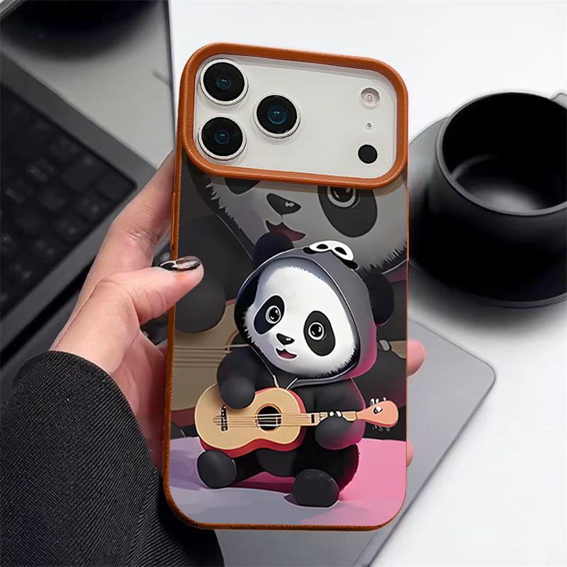 Guitar-playing Panda Pattern Case For iPhone 17 Pro Max Funda iPhone 16 Pro Max 15 14 13 12 11 Air 16E Leather Texture Silicone Cover