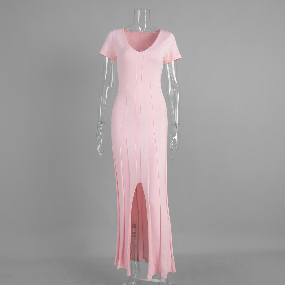 Short Sleeve Knit V Neck Slim Fit Long Dress S