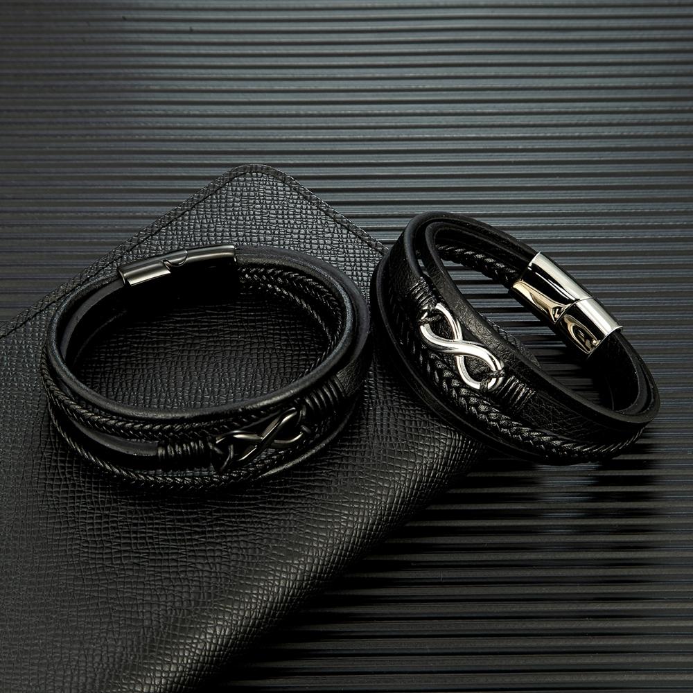 Bracciale Infinito Classico da Uomo Braccialetti Intrecciati Multistrato in Pelle per Donne Gioielli in Acciaio Inossidabile Nero Regali