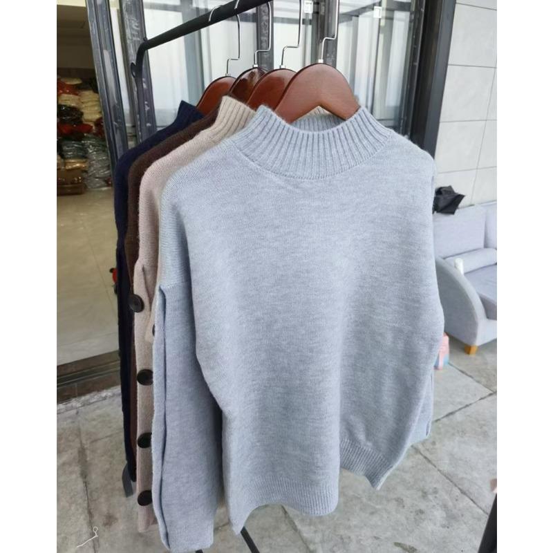 Autumn Winter Half High Collar Loose Casual Solid Color Sweater Women Simple All-match Bottomed Knitting Top