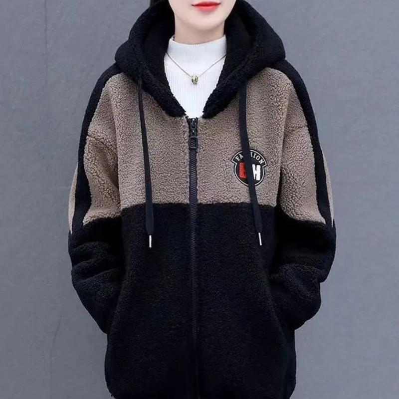 Plus Velvet Thick Jacket Women's Autumn and Winter Korean Version of The Loose Zipper Hooded Jacket Top