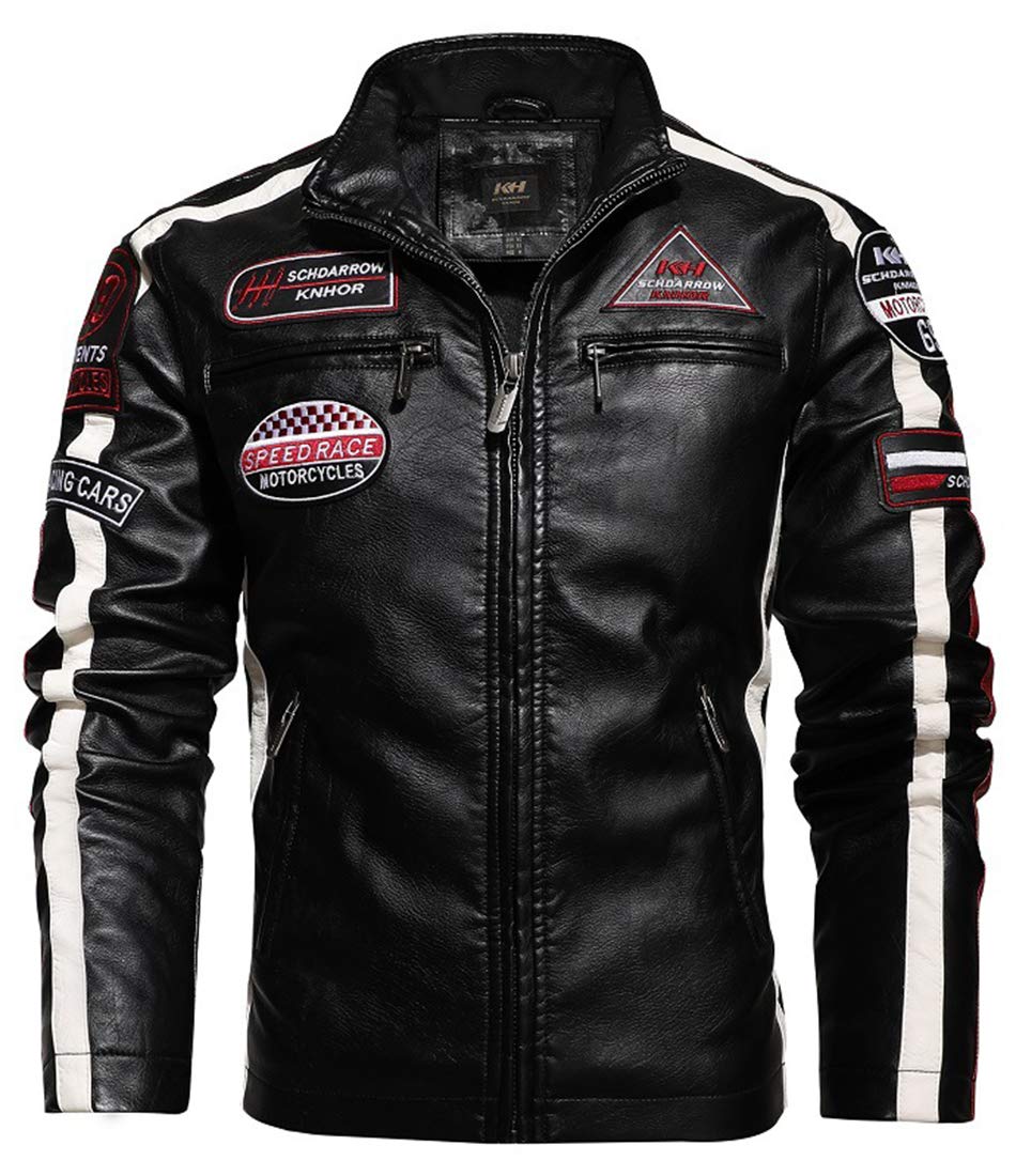 

Кожаная мотоциклетная куртка с воротником-стойкой из искусственной кожи ПУ кожи, короткая, ветрозащитная, доступны большие размеры для и зимы D.IIZOO, мужская куртка, блузон чёрный