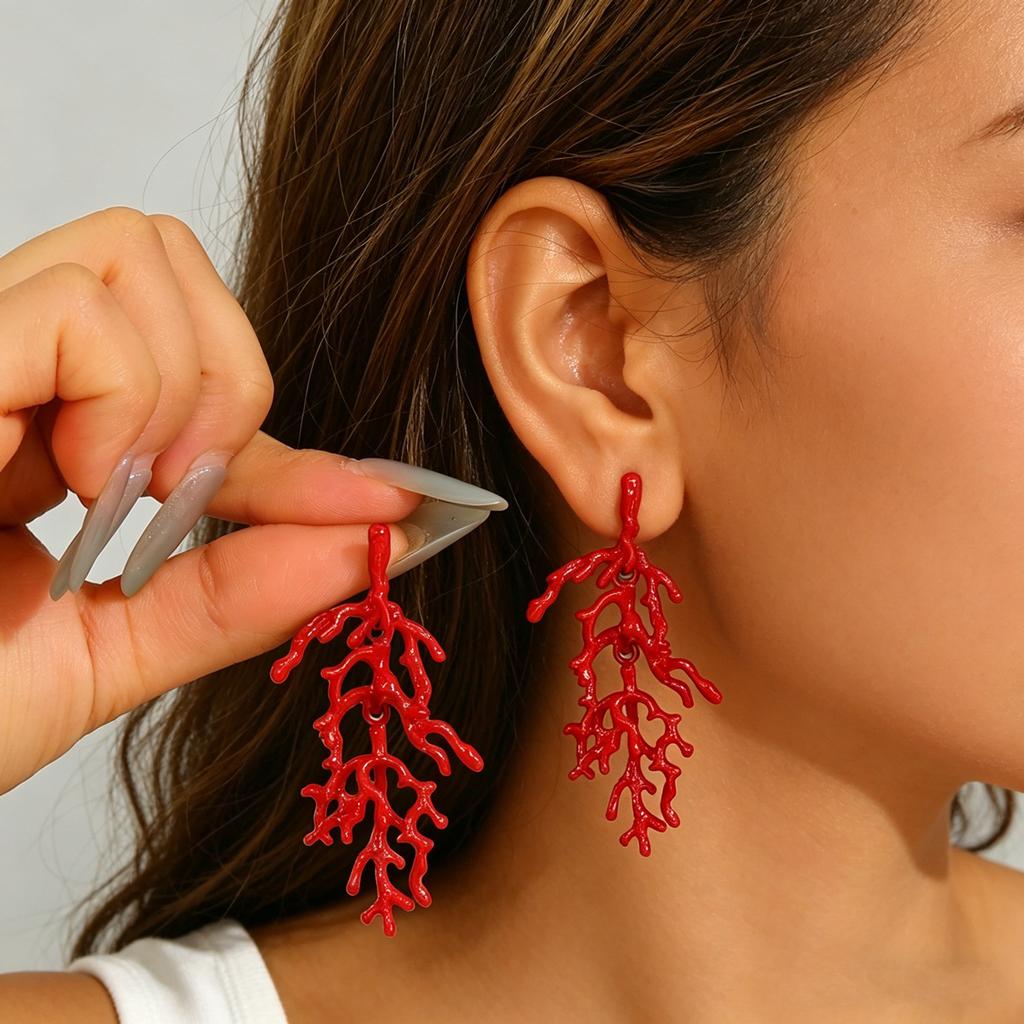 European and American ocean style women's earrings personalized red coral design stud earrings versatile high-end earrings