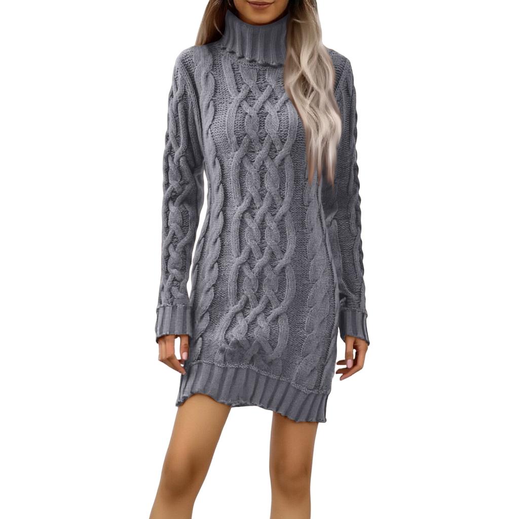 Women's Fashionable Casual Color Cable Knit Long-sleeved Turtleneck Sweater Dress