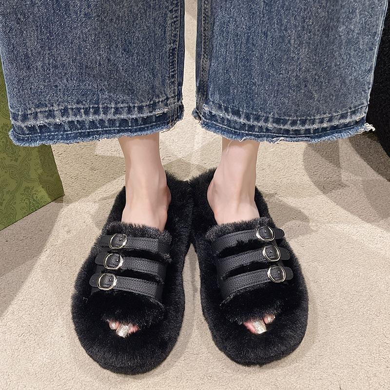 fashion 2024 Chunky Platform Fur Slippers Women Autumn Thick Bottom Furry Outdoor Slippers Woman Short Plush Designer Shoes