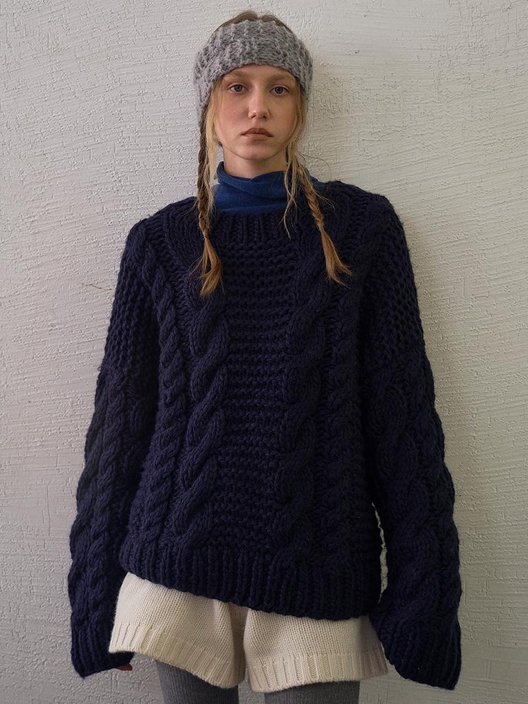 TINKNIT Hand-Knit Chunky Cable Sweater_Navy