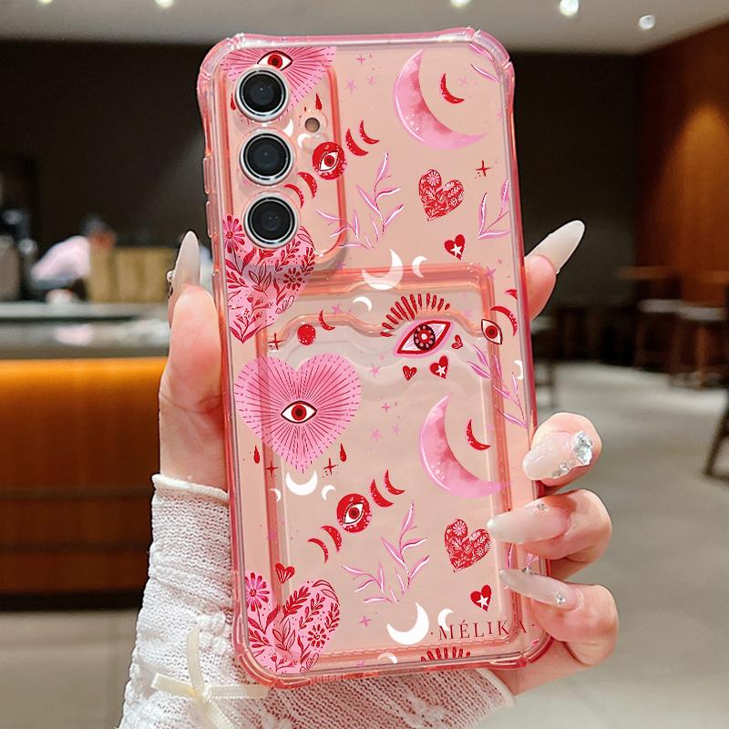Pink Love Heart Leaves Print Clear Phone Case For Samsung Galaxy S26 S25 S24 S23 S22 Ultra S25 Edge S24 FE Card Bag Wallet Cover