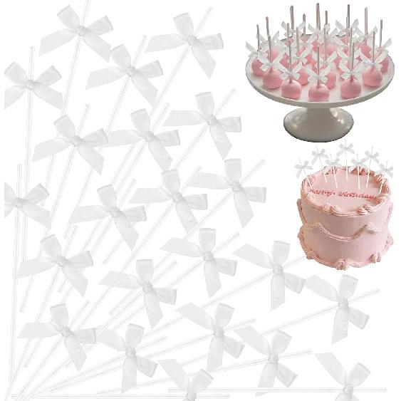 Faccito Pink 50 Sets 6" Bow Cake Pop Sticks DIY Coquette Themed Dessert Decorations for Candy, Lollipop, Cupcake Toppers, Party Decor for Baby