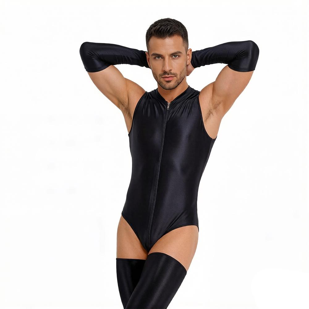 Women Stain Smooth Bodysuit One Pieces Thong Two Way Zipper Open Crotch Elastic Tights Oil Shiny Yoga Shaping Maid Leotard