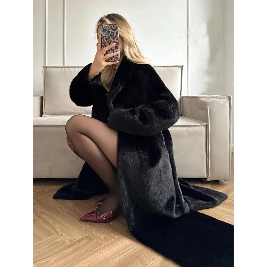 Faux Fur Long Coats Women Jackets Overcoats Lace Up Turn Down Collar Full Sleeve Open Stitch Thick Loose Y2k  Autumn Winter
