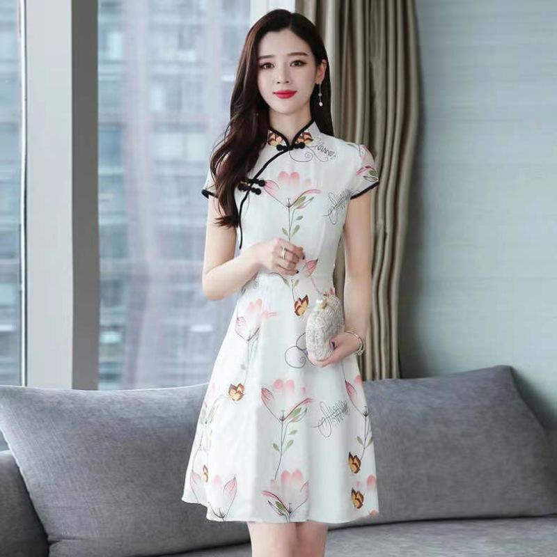Women Cheongsam Dress Retro Chinese Ethnic Style Print Stand-up Collar Short Sleeve Slimming Waist