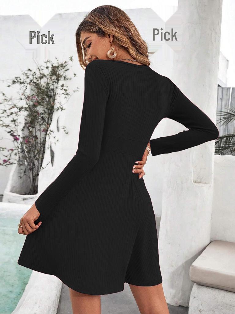 Women's A-line Solid Color Wrap Dress with Short or Long Sleeves for Autumn/Winter