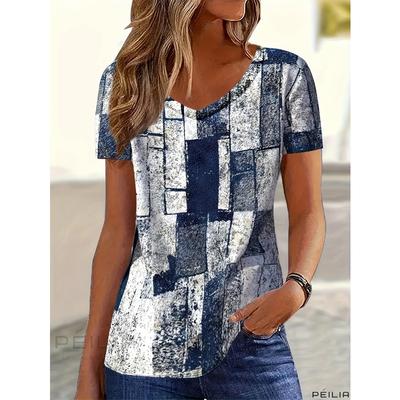 Yazlık Kadın Tişörtü 3D Denim Ekose Baskılı V Yaka Kısa Kollu Gömlek Moda Kadın Tişört Giyim Y2k Kadın Tişörtü