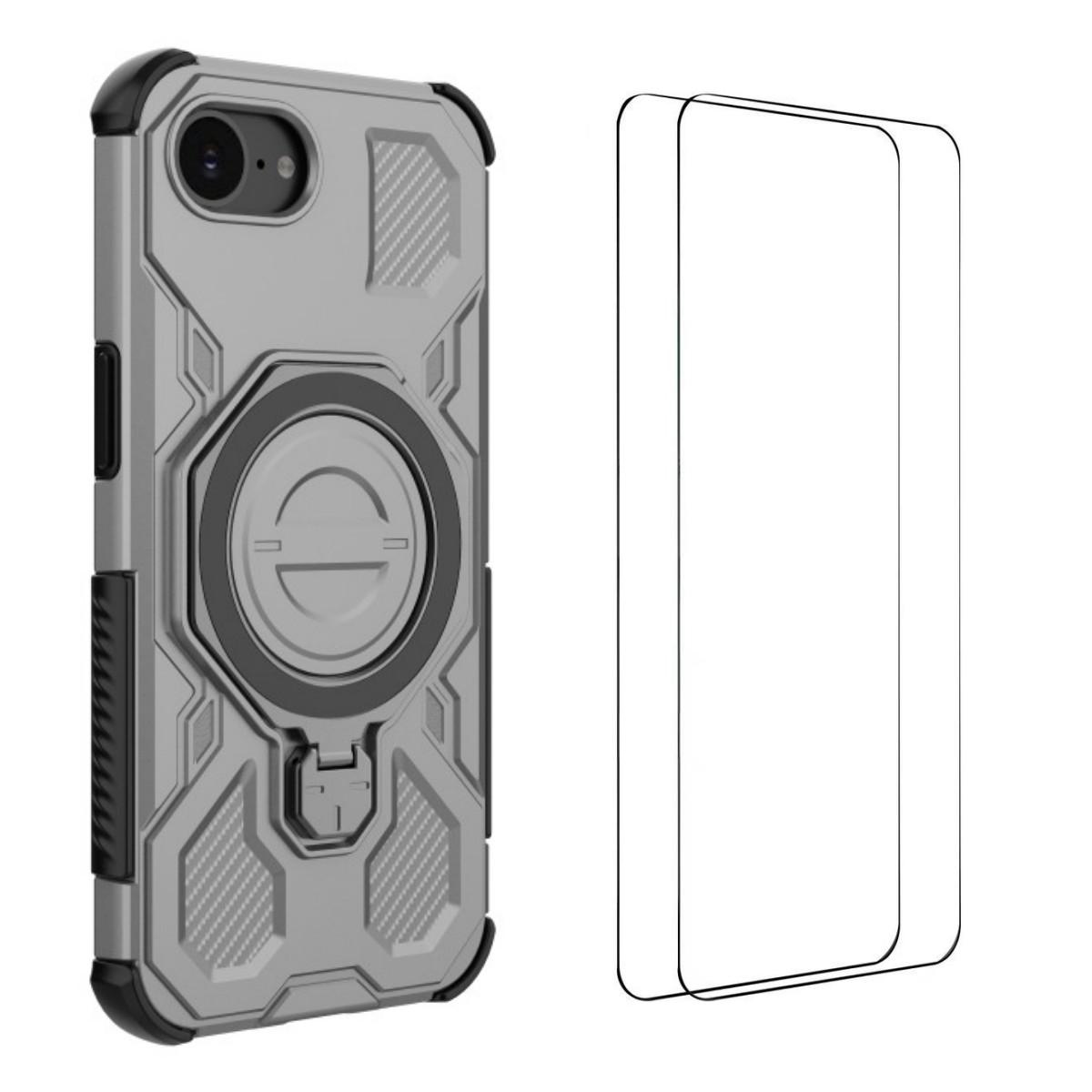 

For iPhone 16e Case Kickstand with 2Pcs Screen Film WANLONFENG KJ Series PC TPU Phone Cover (Big Lens Hole) Grey