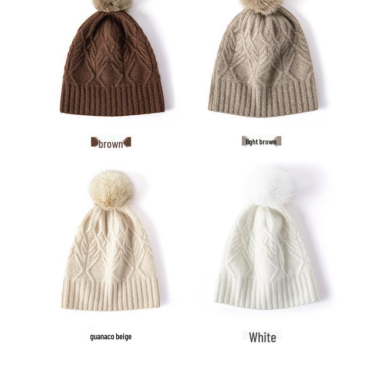 Cashmere Hat with Detachable Fox Fur Pompom, Cable Knit, Warm Ear Protection, Street Style for Autumn & Winter