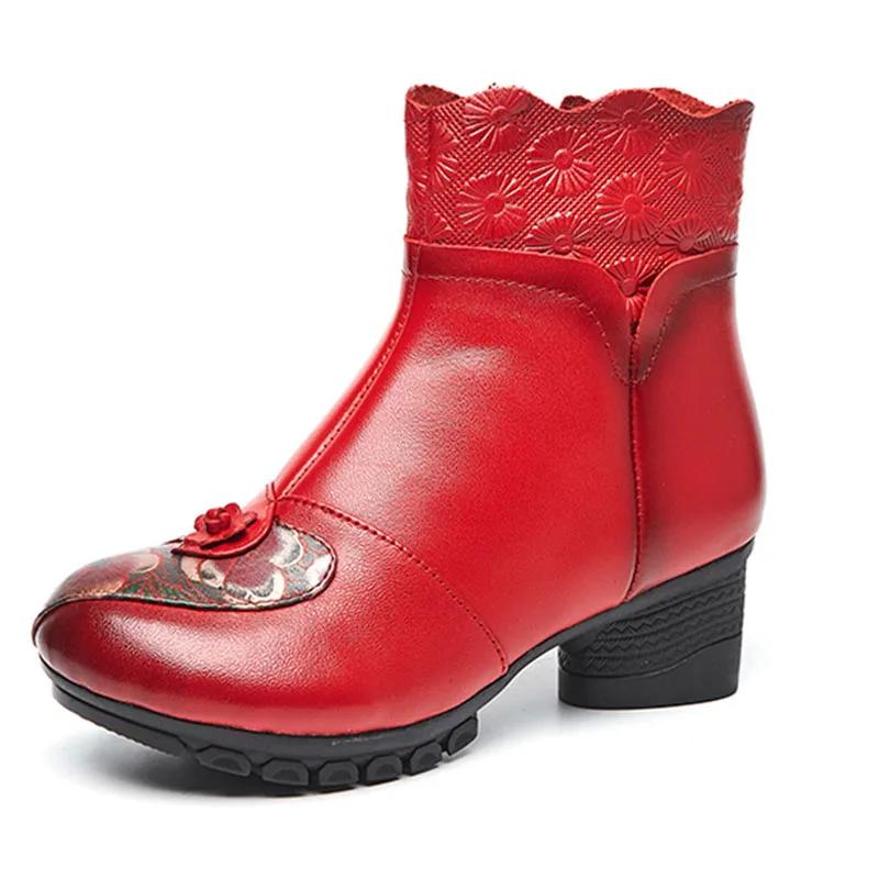 2025 New Autumn Winter Genuine Leather Shoes Women Boots Round Toe Print Sewing Zip Retro Leisure Platform Boots