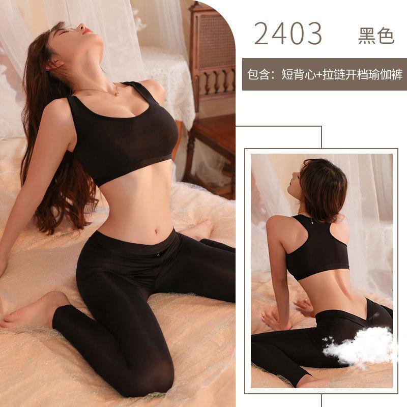 Sex Underwear Women's Zipper Open Yoga Pants Hot Ice Silk Sexy Sex Uniform Suit Passion Clothes