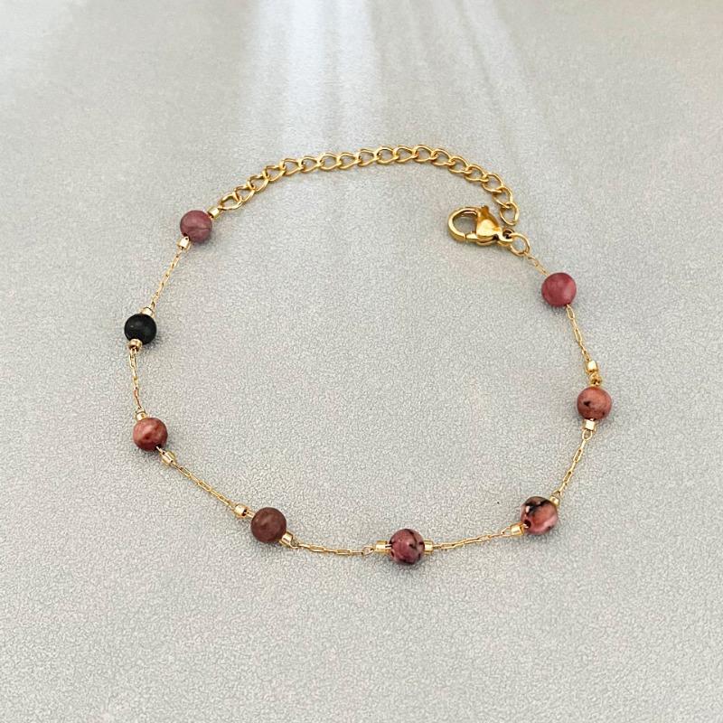 Gold Natural Stone Beaded Bracelet – Dainty Pastel Crystal Chain Jewelry, Boho Minimalist Gift for Women