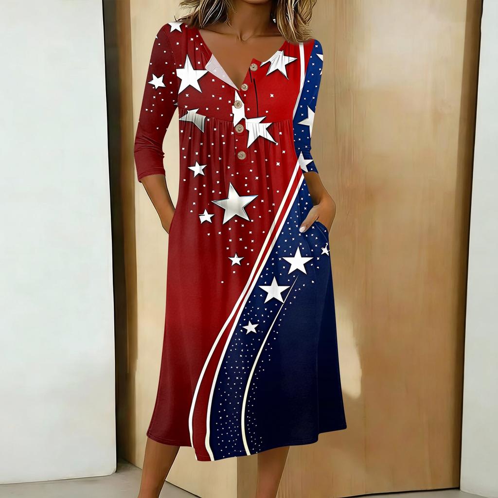 Women's Casual 3/4 Sleeve Button Front Midi Dress with Independence Day Print and Relaxed Fit for Everyday Wear