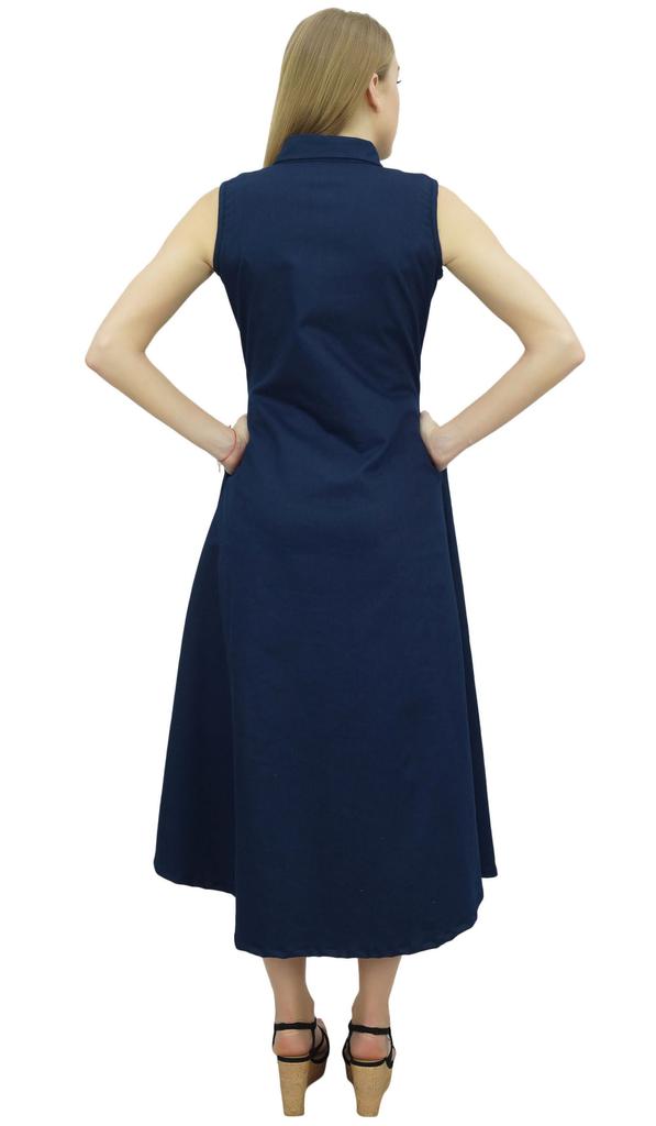 Bimba Women Classic Collar Neck Shirt Dress Dark Blue Sleeveless Dresses -