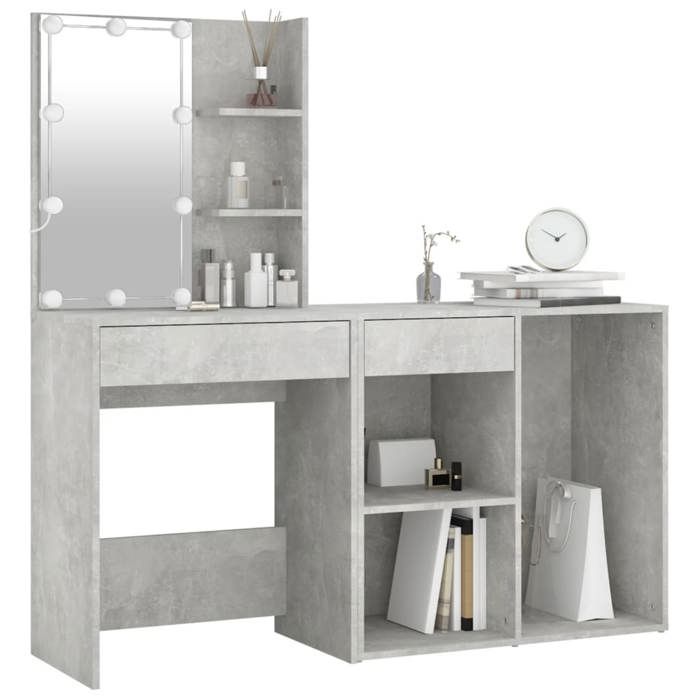 VidaXL Coiffeuse à LED avec Armoire Table Cosmétique Coiffeuse de Maquillage Table à Bijoux Chambre à Coucher Gris Béton 3082021