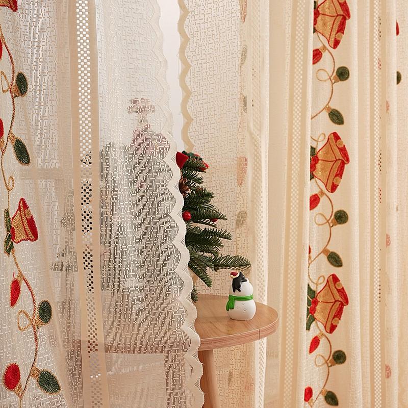 American Style Christmas Embroidered Sheer Curtain Festive Window Decor Living Room Bedroom Balcony