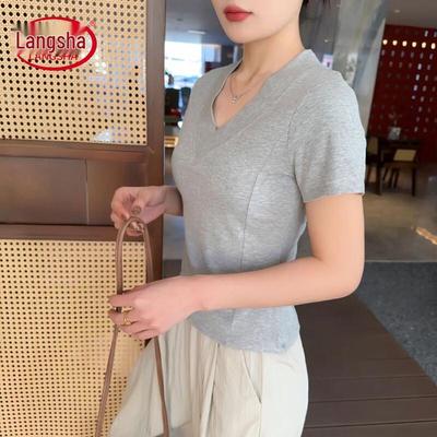 Langsha Women's Chic V-Neck Short Sleeve T-shirt