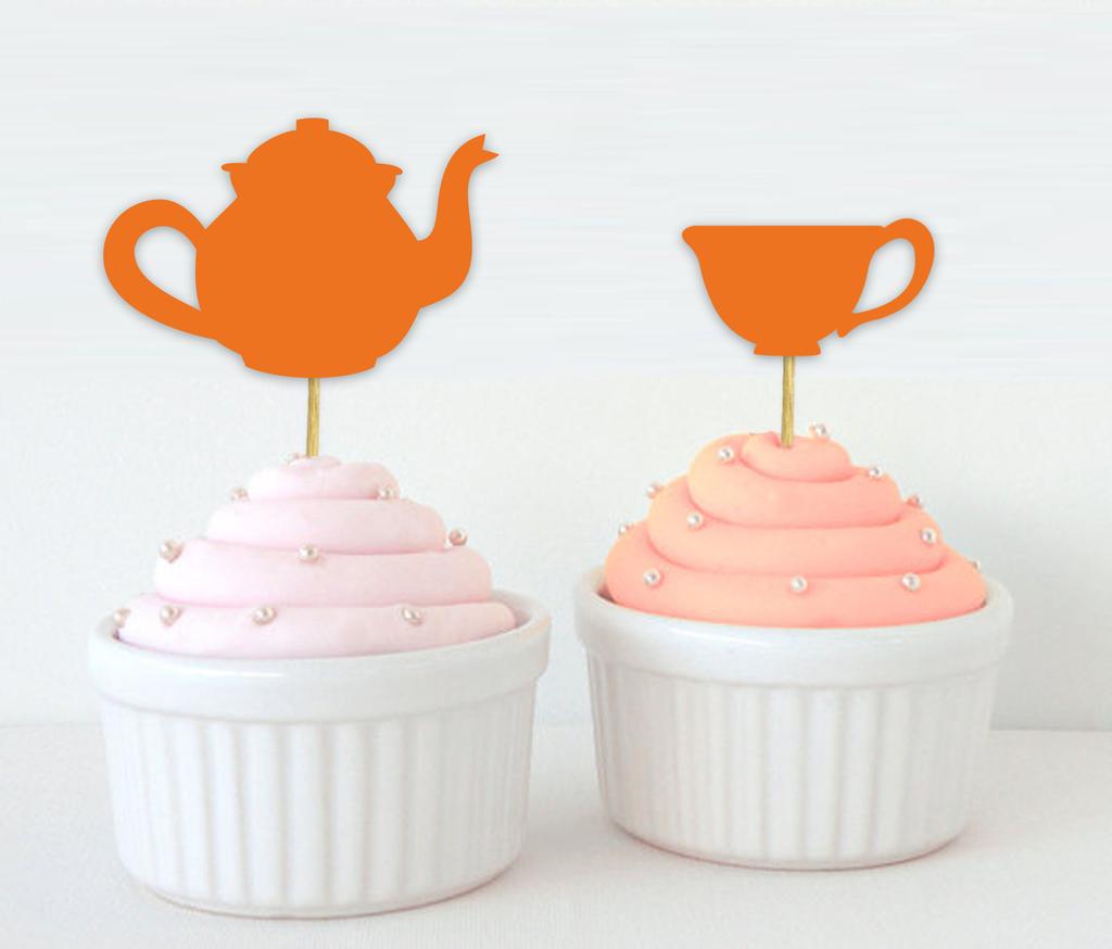 Darling Souvenir| Bridal Shower Tea Party Cupcake Topper| Birthday Dessert Decorations Tea Kettle Cup Cupcake Toppers - Pack Of