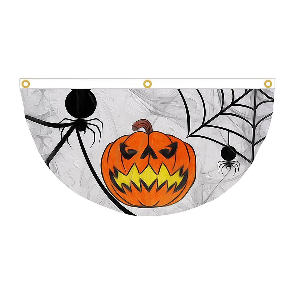Halloween Theme Fan Banner 45x90cm Polyester Fabric Semi Circular Flag with Printed Ghost Pumpkin Bat Elements for Indoor Outdoor Decoration