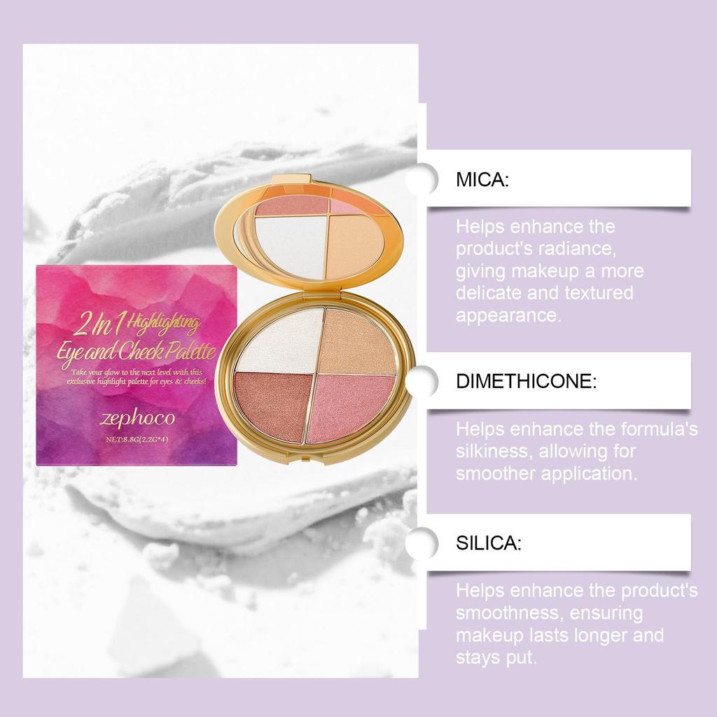 Zephoco Highlight & Blush Palette: Long-lasting, Pigmented, Easy-to-Apply, Natural Brightening, Lightweight Eyeshadow.