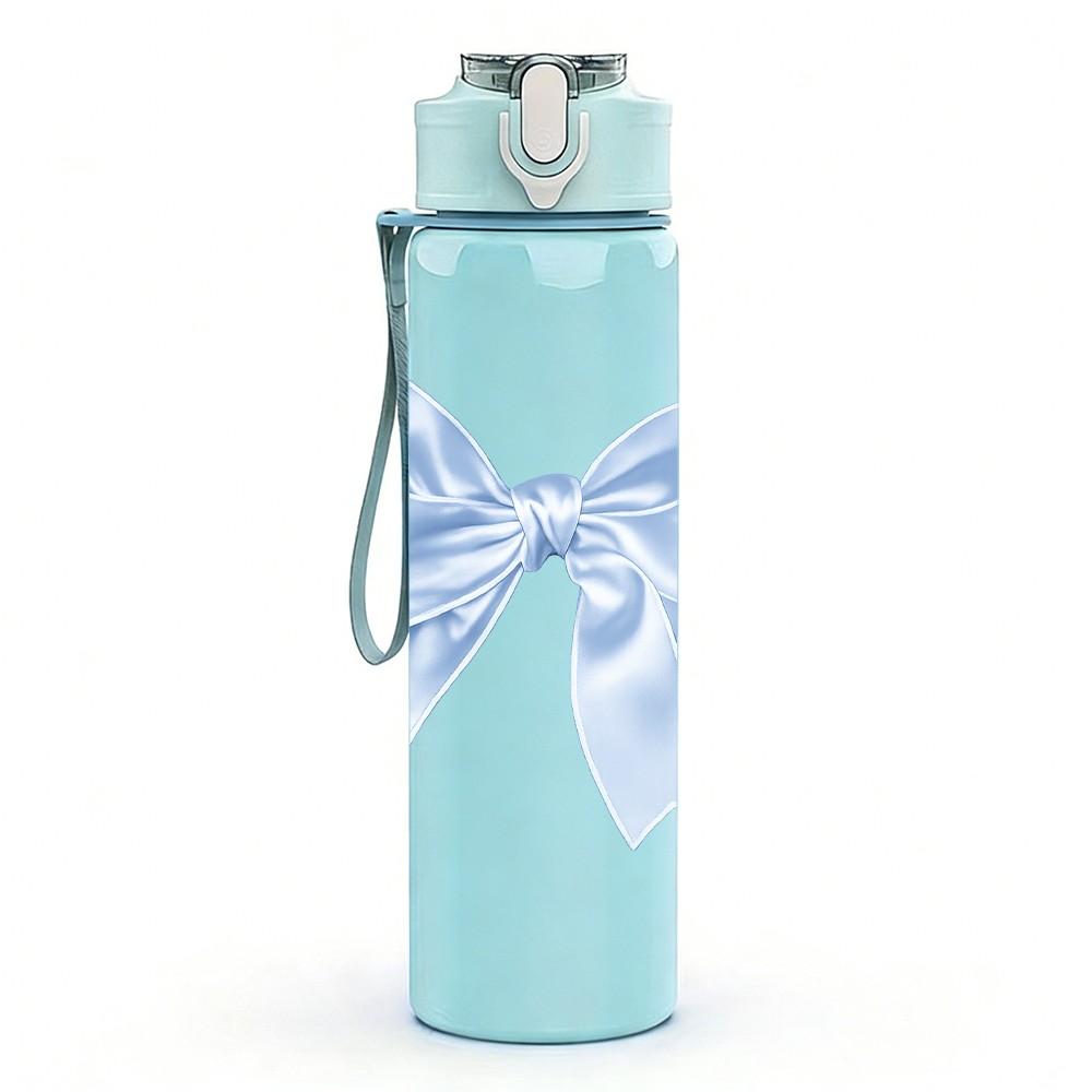 1PC Light Blue Satin Bow Decor Print 750ml Color Plastic Sports Water Bottle Leakproof Flip Straw Lid Suitable for Sports Office Home Use