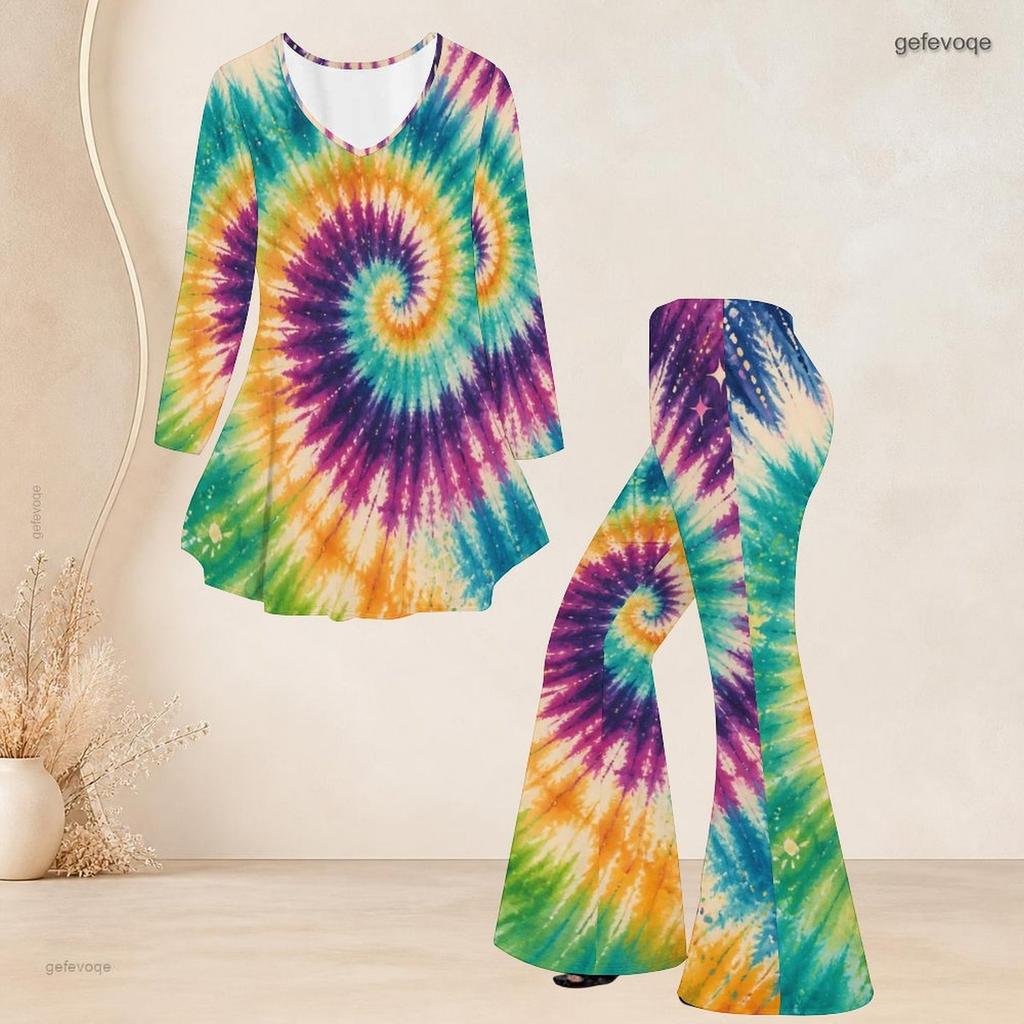 Women Plus Size V Neck Three Quarter Sleeve Colorful Printed Flared Top And Flared Pants Two Piece Set