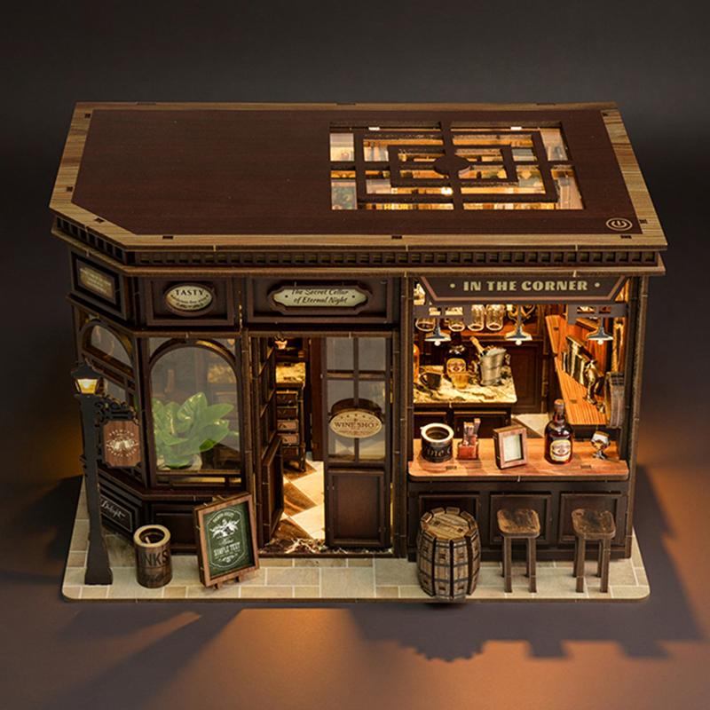 Book Nook Kit DIY Doll House With LED Light Bookshelf Insert Wooden Mini Dollhouse Furniture Light Kit For Birthday Family Gift