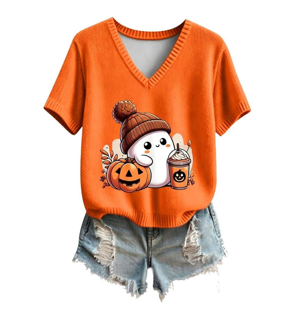 Phoenix Velvet Women's Plus Size V-Neck Knitwear - Cartoon Print Short Sleeve for Spring/Autumn.
