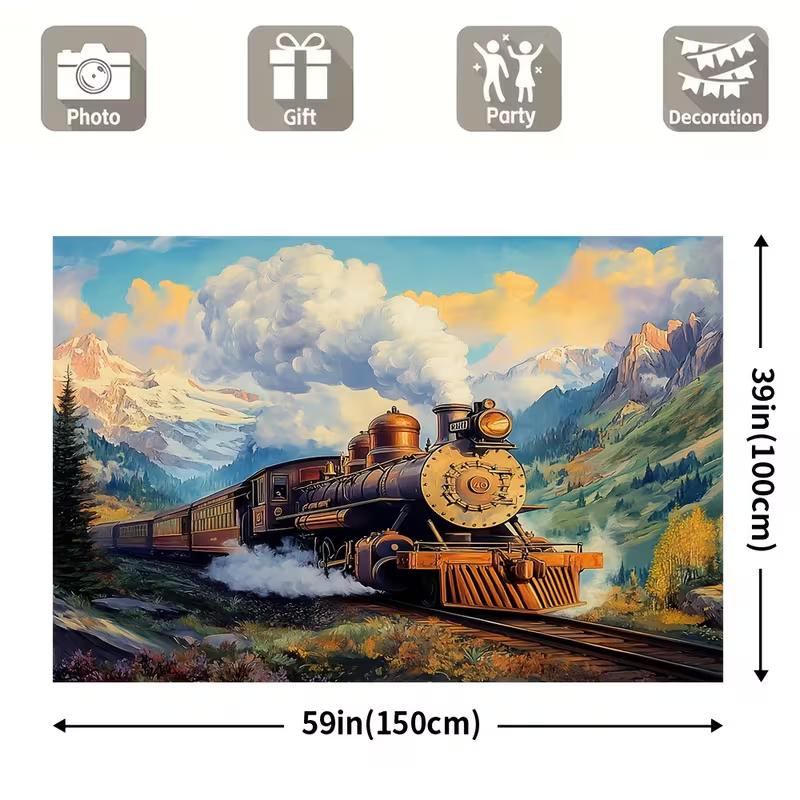 Nostalgic Steam Train Tapestry, Dramatic Scene of a Vintage Locomotive Traveling Through a Majestic Mountain Landscape, Classic Railroad Wall Art