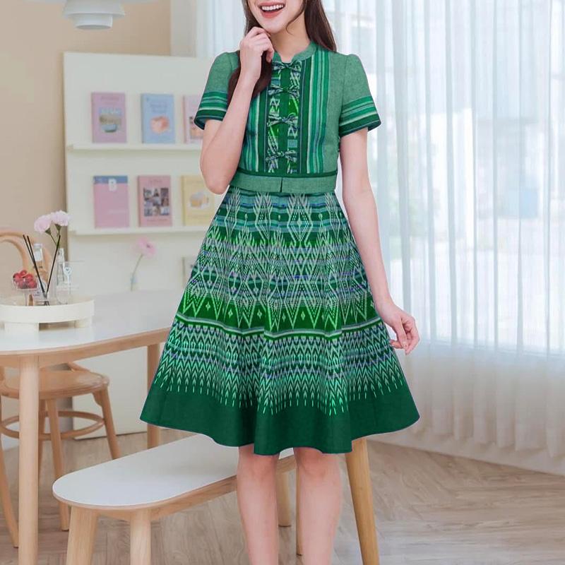ZANZEA Women Stand Collar Casual Short Sleeve Retro Print A-line Dress