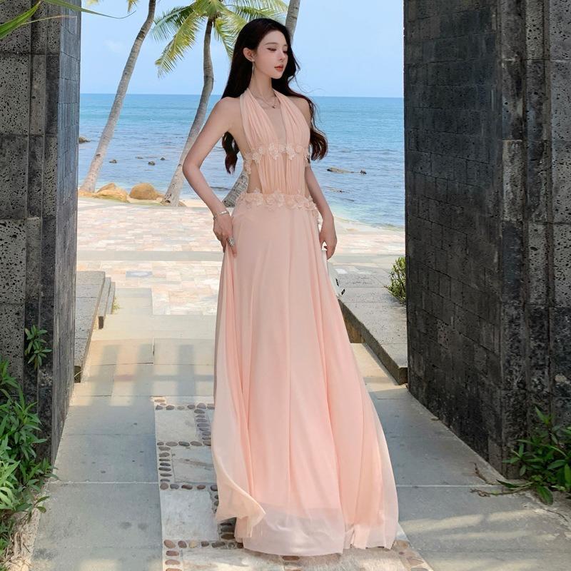 Reiseurlaub Spitze Spleißkleid Kleid Strand Hohl Ausschnitt Urlaubs kleid