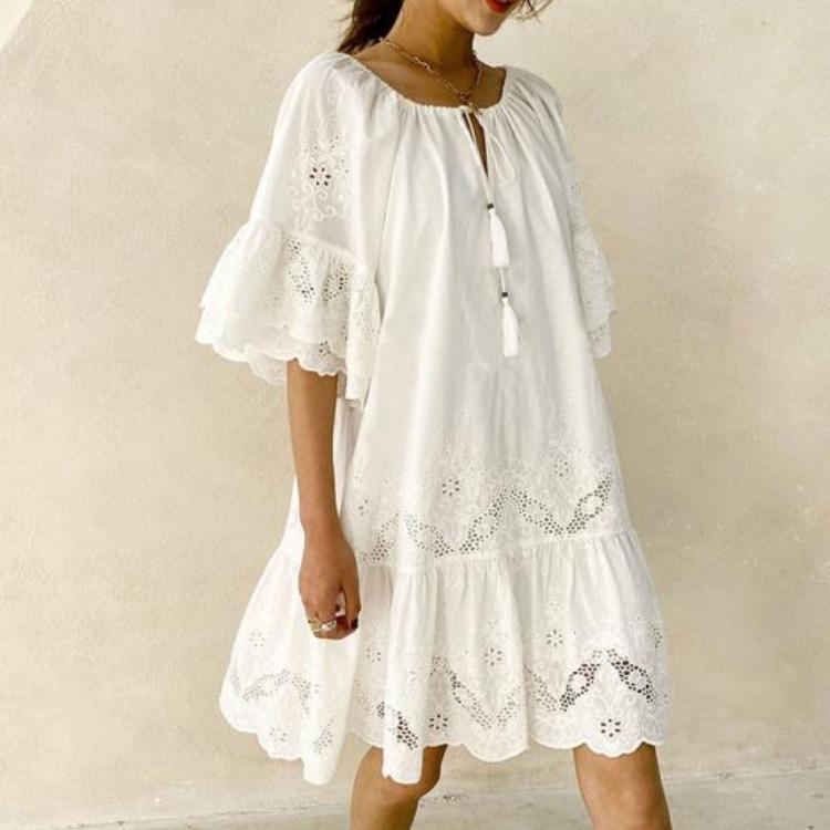 Women Casual Loose Mini Dress Ruffled O Neck Fashionable Daily Wear Holiday Beach Dress