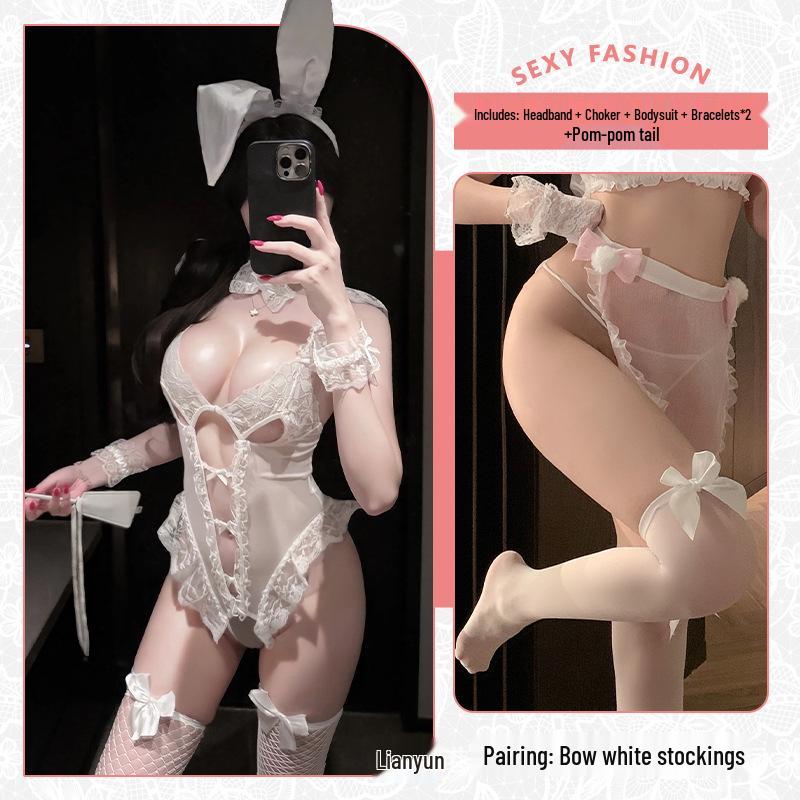 Sexy Bunny Temptation Lace Lingerie Set with Open Crotch Pajama Style.