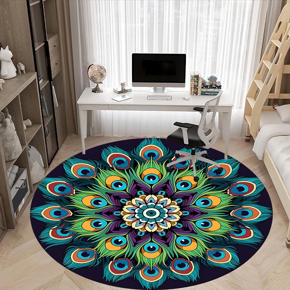 1PC Peacock Feather Mandala Office Round Rug, Non Slip, Soft and Durable Office Rug for Interior Decoration, Perfect for Office