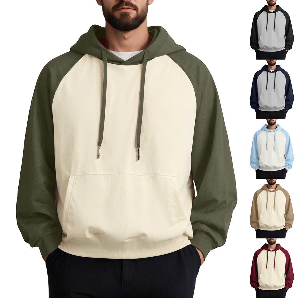 Unisex Casual Drawstring Hoodies Colorblock Raglan Sleeve Sweatshirts