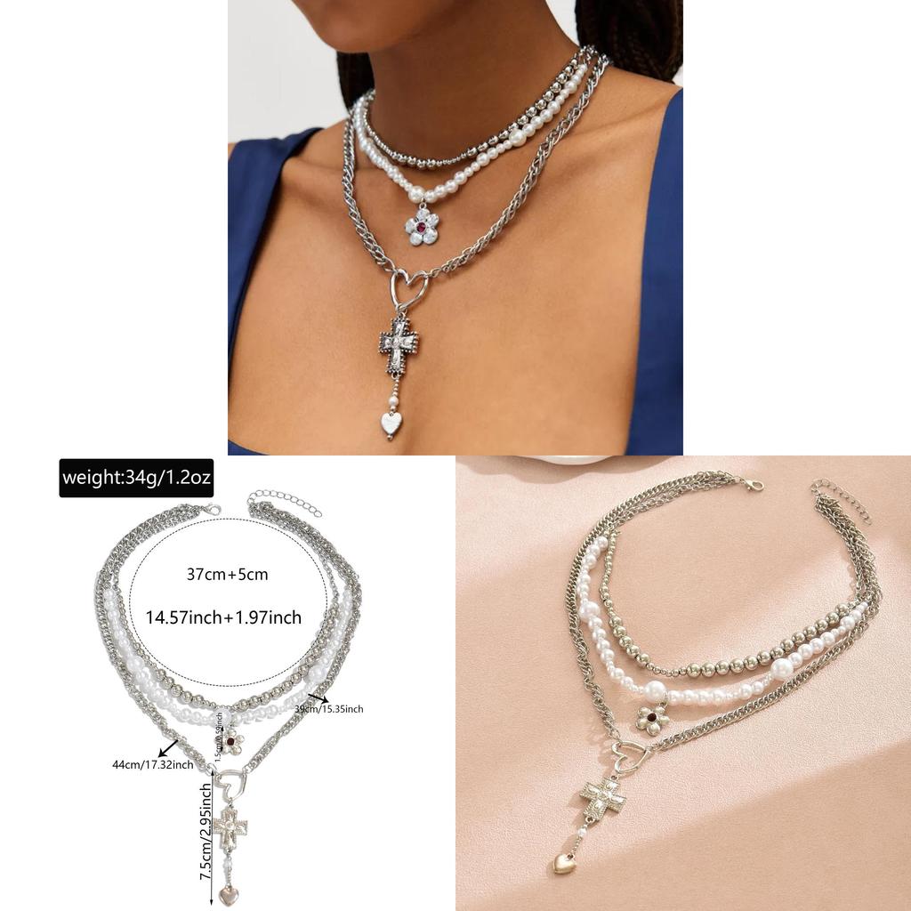 Gothic Cross Heart Pendant Necklace With Multilayer Pearl Design For Women And Men