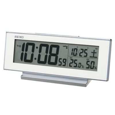 Clock SQ324W Alarm Clock, Always-On, Radio-Controlled, Digital, Calendar, Temperature and Humidity Display, White, 82 X 206 X 51mm, Visible At N