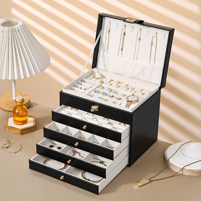 Three-Layer Leather Jewelry Box with Lock - Large Capacity, Dustproof, Multifunctional Storage