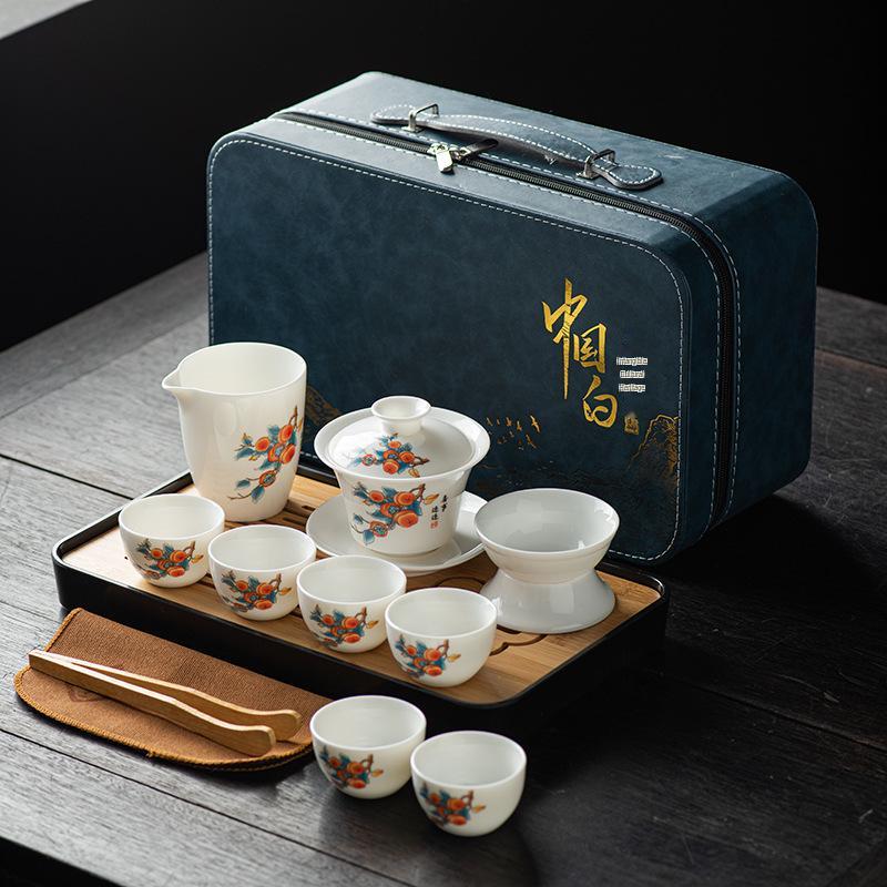 Elegant Jade White Porcelain Gongfu Tea Set - Luxury Portable Gift for Business Events