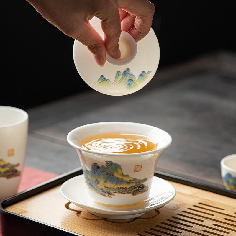 Suet jade tea set, white porcelain travel kung fu tea set, tea tray set, cover bowl teacup